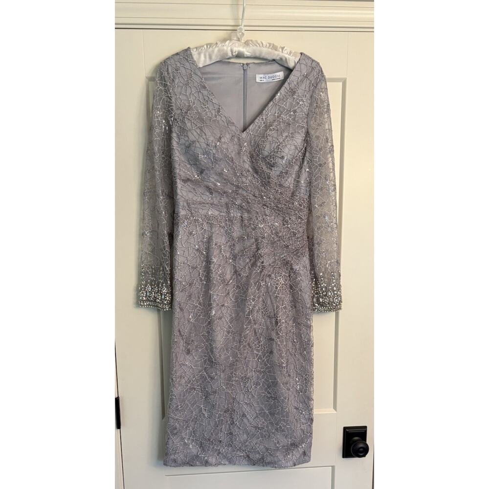 Mac Duggal 12408 Sz 8 Embroidered Surplice Dress Platinum NWT